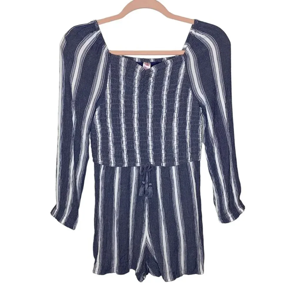 Justice Girls Blue White Striped Smocked Romper Size‎ 12 Boho Tassel